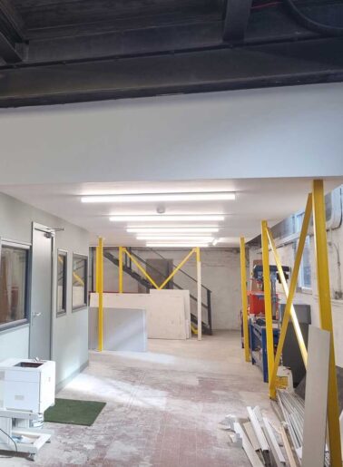 photo of the downstairs warehouse area at visilume, showing the work in progress
